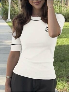 Tommy Hilfiger White Short Sleeve Boatneck Top with Navy Trim XXS
